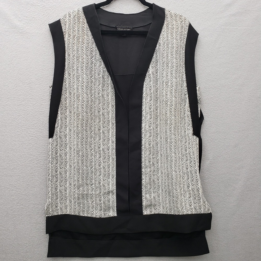 Banana Republic Sleeveless V-Neck Tunic Black Gray Vest Look Sheer Back Party L